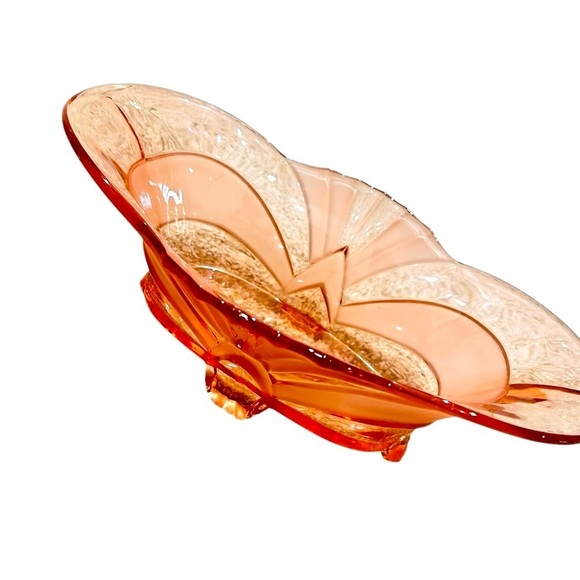 Vintage 1930’s art deco Pink/peach depression Glass oval Bowl footed frosted - Picture 4 of 10